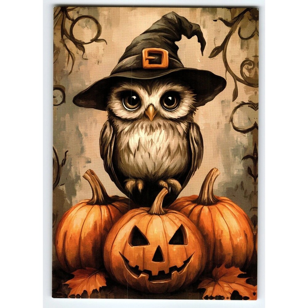 Halloween Owl with Witch Hat & Jack-O-Lanterns Vintage Postcard